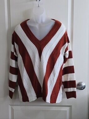 Rust and Cream Striped V-Neck Sweater Size Large